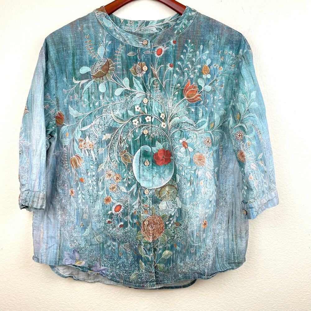 Womens Top Sz M Linen‎ Cottage Fairy Bird Statement Sustainable Ethereal Boho